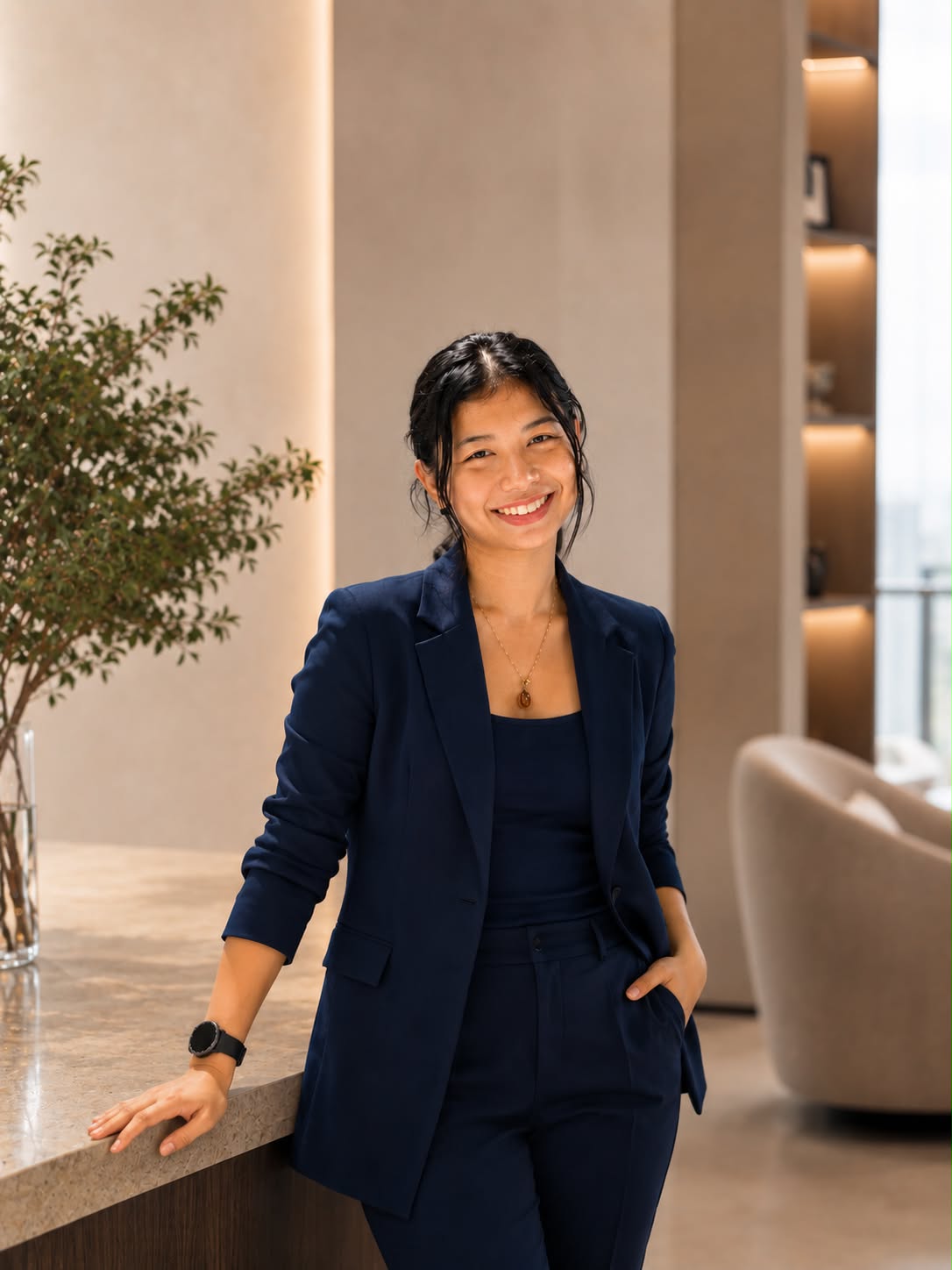 Queen Mary Jane Arañez, founder of Auravia Collective, smiling in a navy blazer